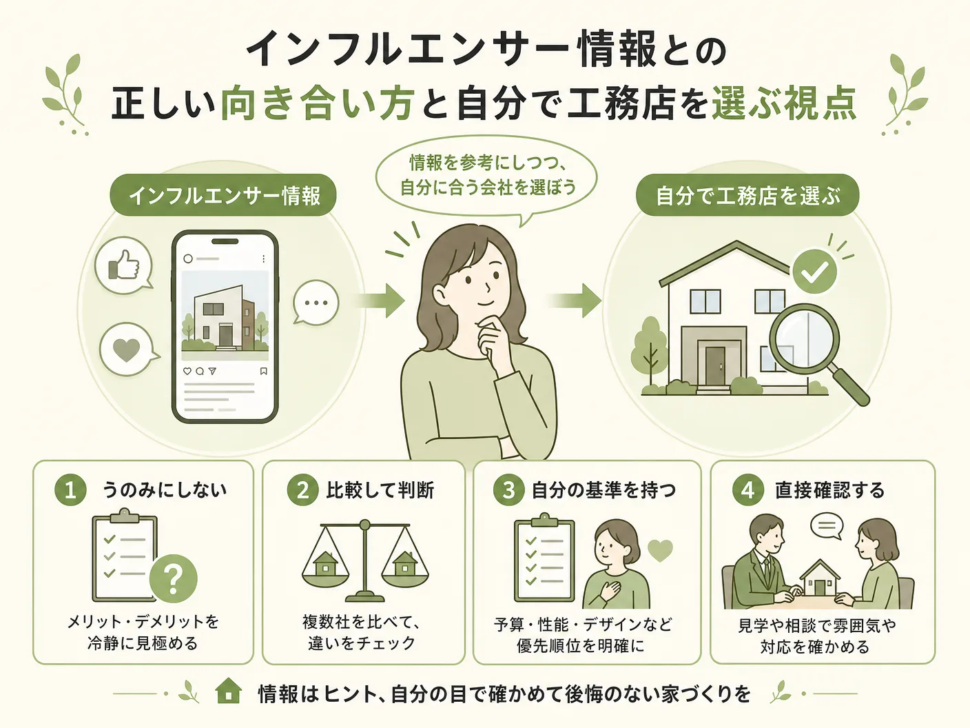 紹介のインフルエンサー情報との正しい向き合い方と自分で工務店を選ぶ視点を表す図解イラスト