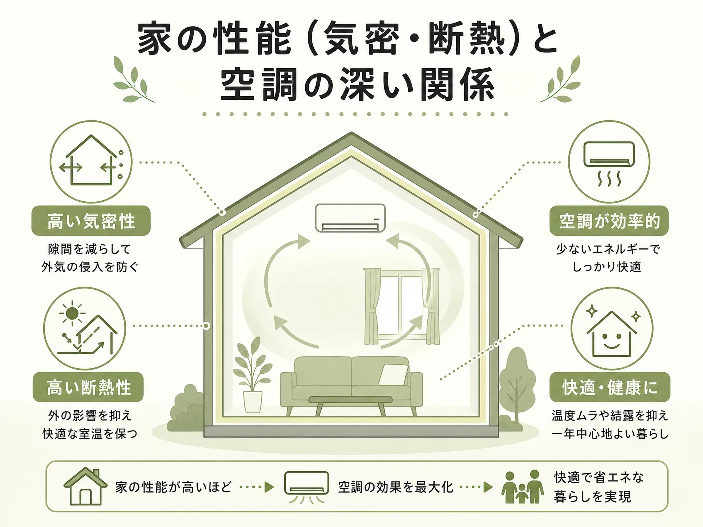 工務店 選び方の家の性能(気密・断熱)と空調の深い関係を表す図解イラスト