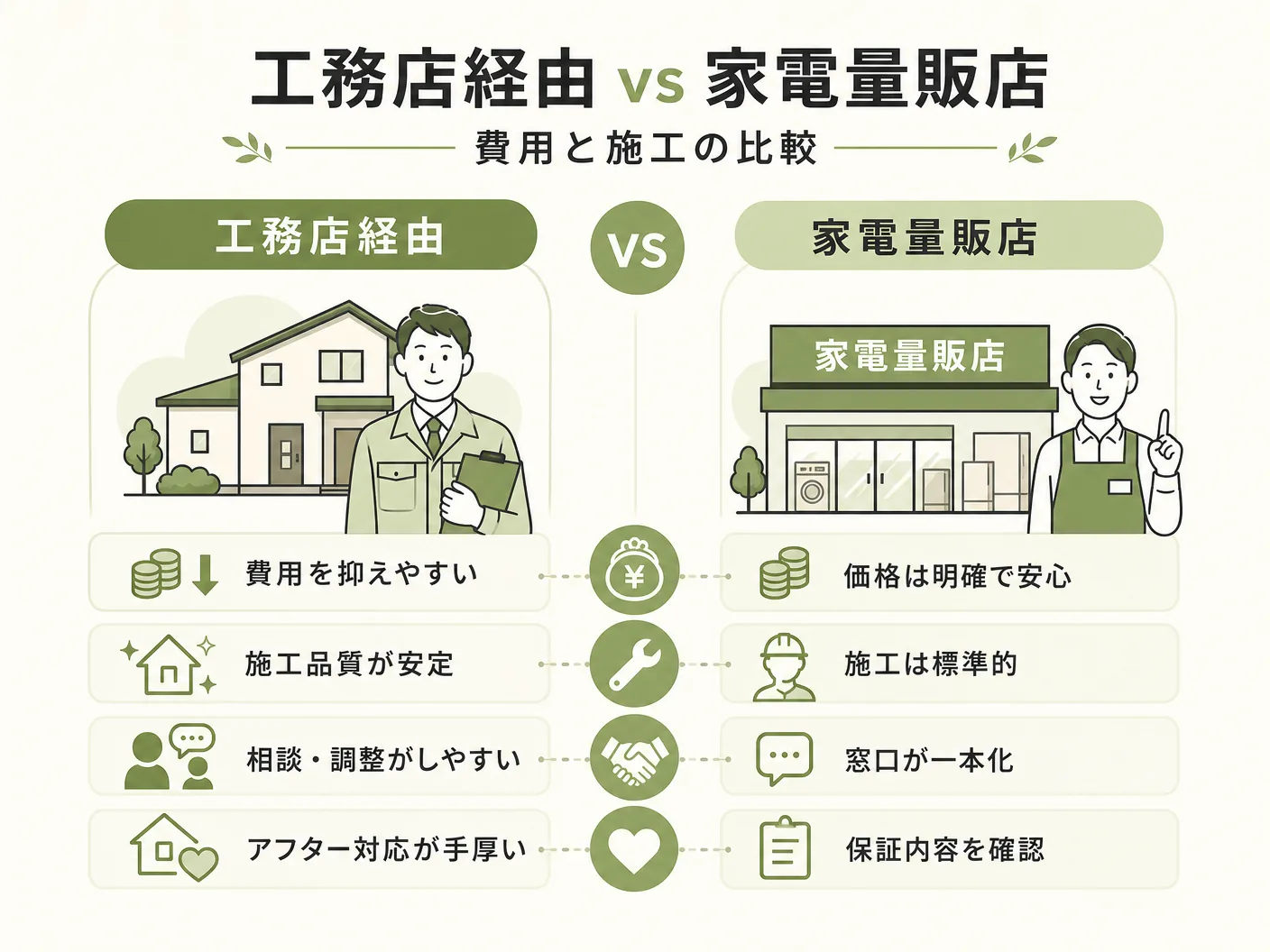 選び方 空調の工務店経由vs家電量販店:費用と施工の比較を表す図解イラスト