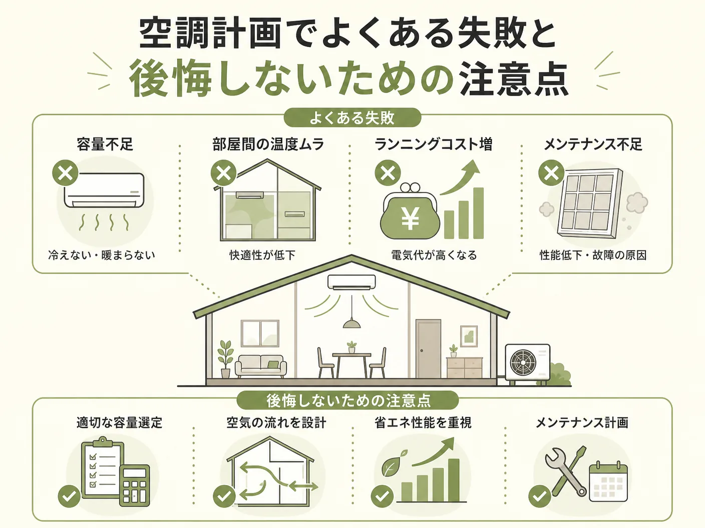 工務店 選び方の空調計画でよくある失敗と後悔しないための注意点を表す図解イラスト