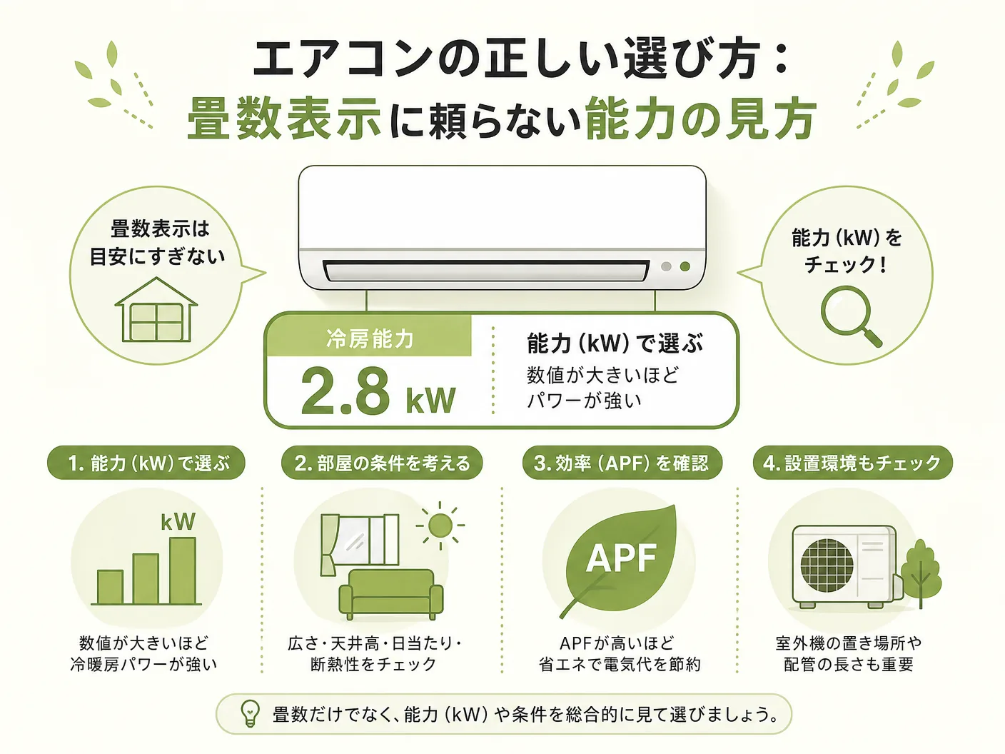 工務店 空調のエアコンの正しい選び方：畳数表示に頼らない能力の見方を表す図解イラスト
