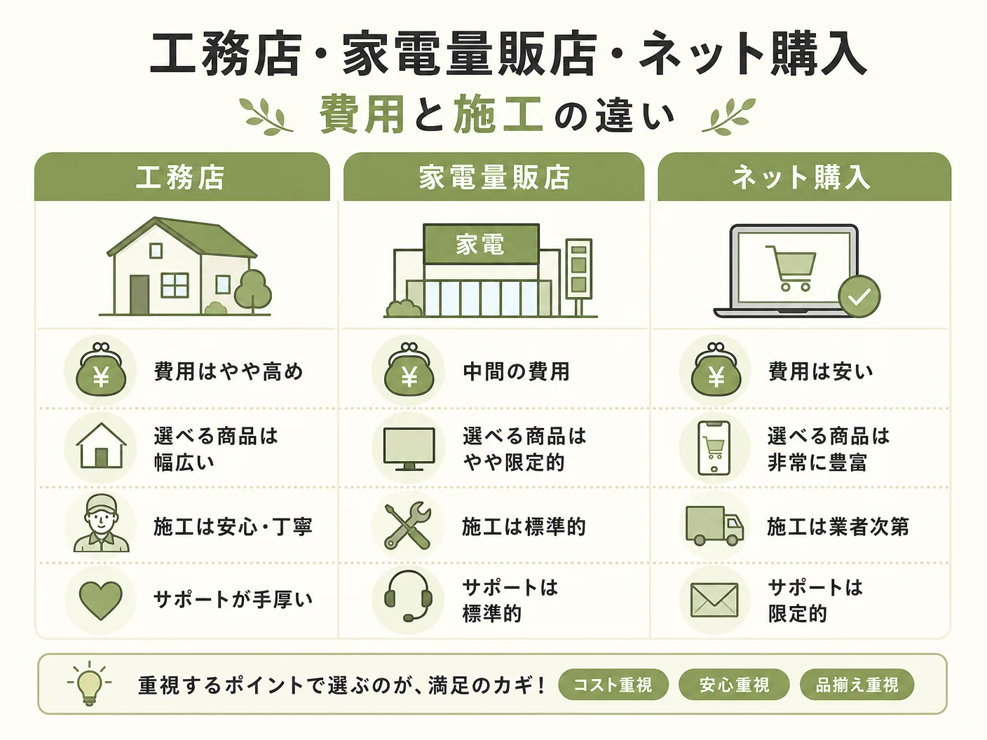 選び方 空調の工務店・家電量販店・ネット購入の費用と施工の違いを表す図解イラスト