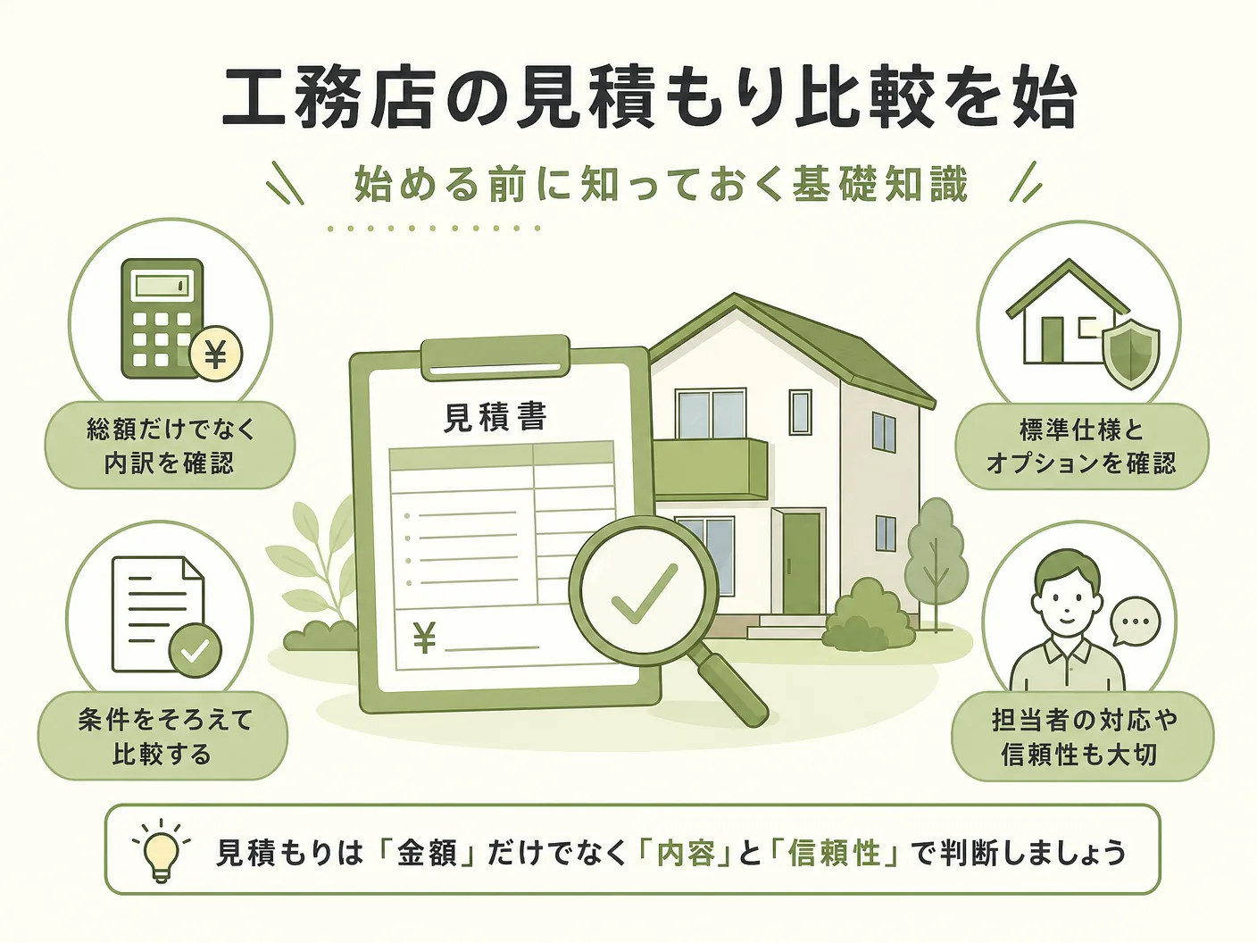 チェック項目の工務店の見積もり比較を始める前に知っておく基礎知識を表す図解イラスト