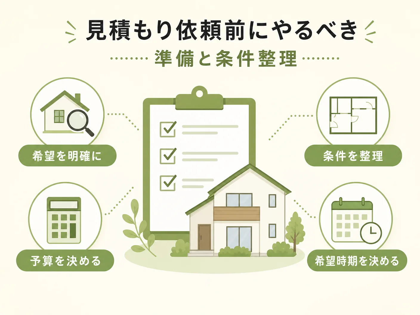 工務店 比較 チェック項目の見積もり依頼前にやるべき準備と条件整理を表す図解イラスト