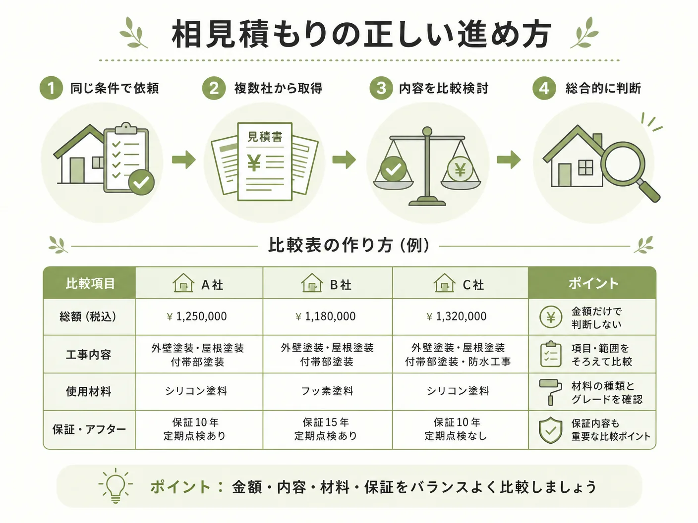 工務店 チェック項目の相見積もりの正しい進め方と比較表の作り方を表す図解イラスト