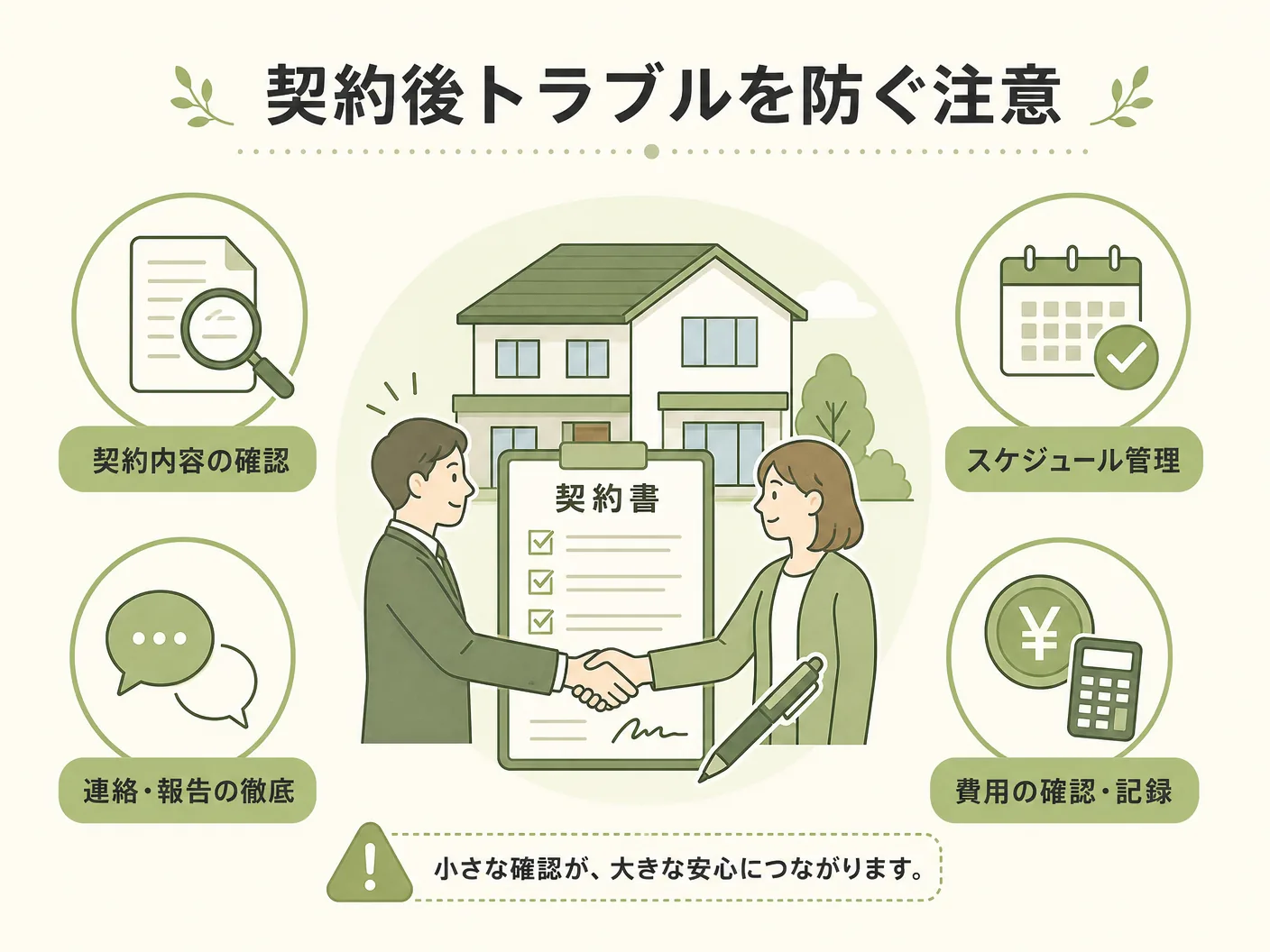 工務店 比較 見積もり チェック項目の契約後トラブルを防ぐ注意点と失敗例を表す図解イラスト