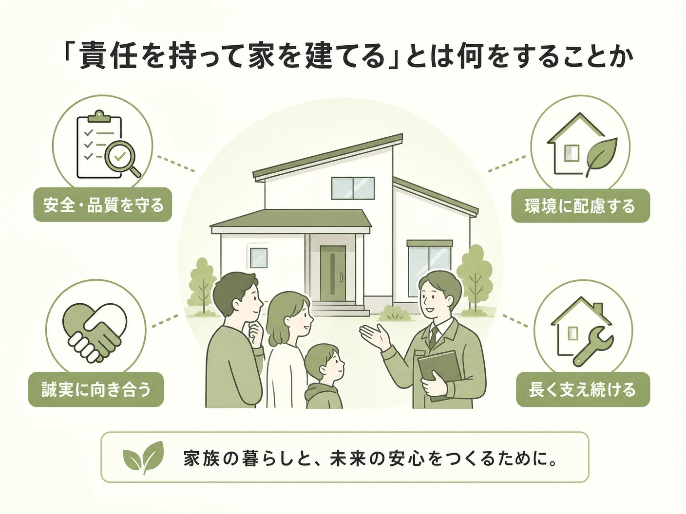 工務店選び 家づくりの「責任を持って家を建てる」とは何をすることかを表す図解イラスト