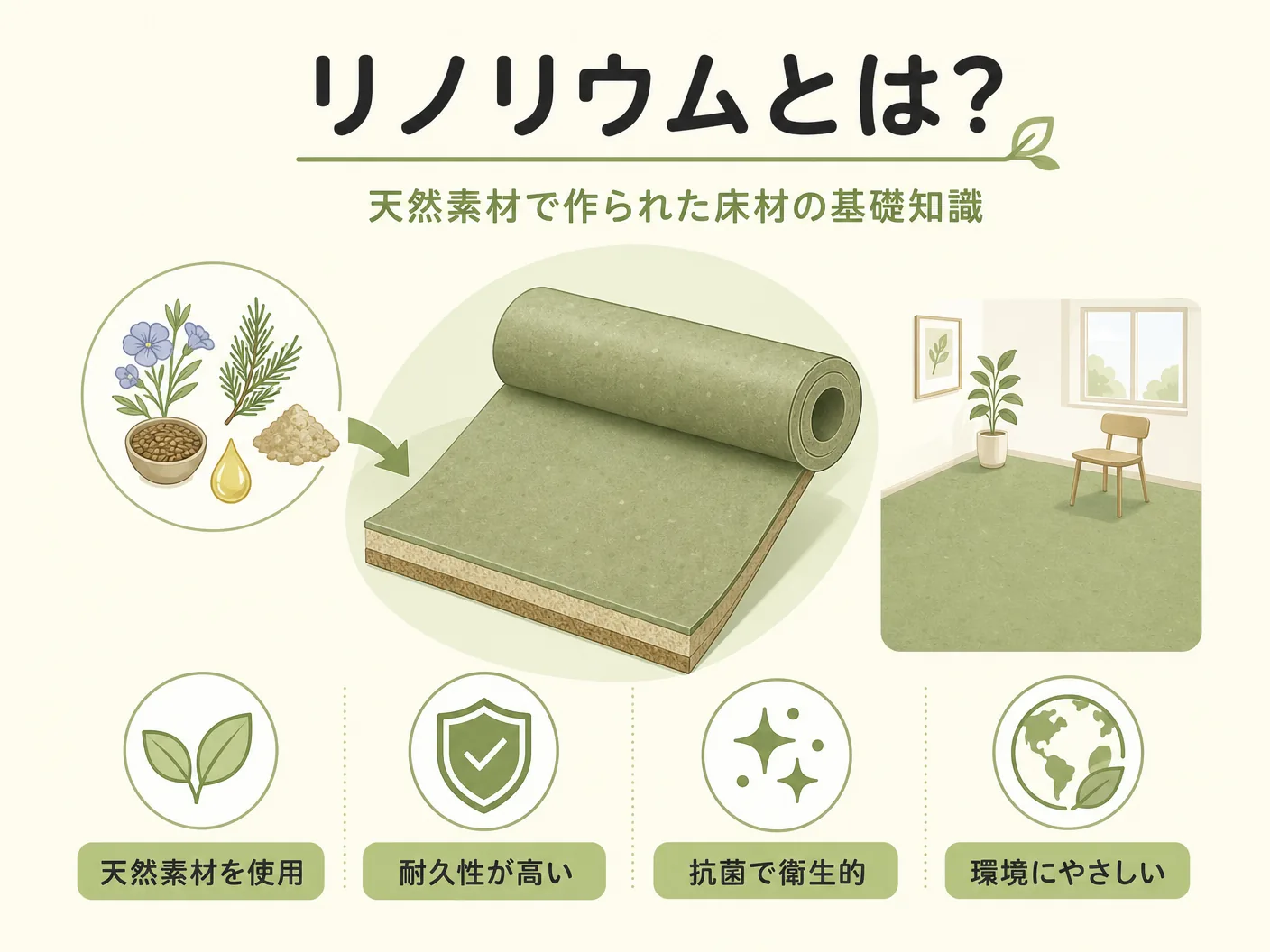 水回りのリノリウムとは?天然素材で作られた床材の基礎知識を表す図解イラスト