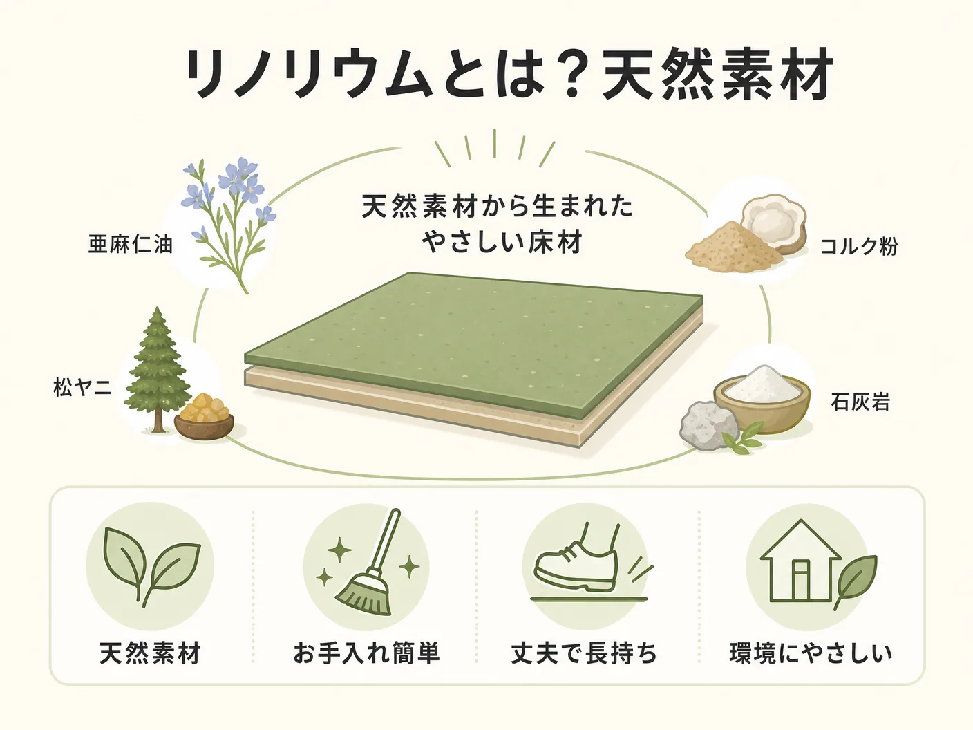 水回りのリノリウムとは？天然素材で作られた床材の基礎知識を表す図解イラスト