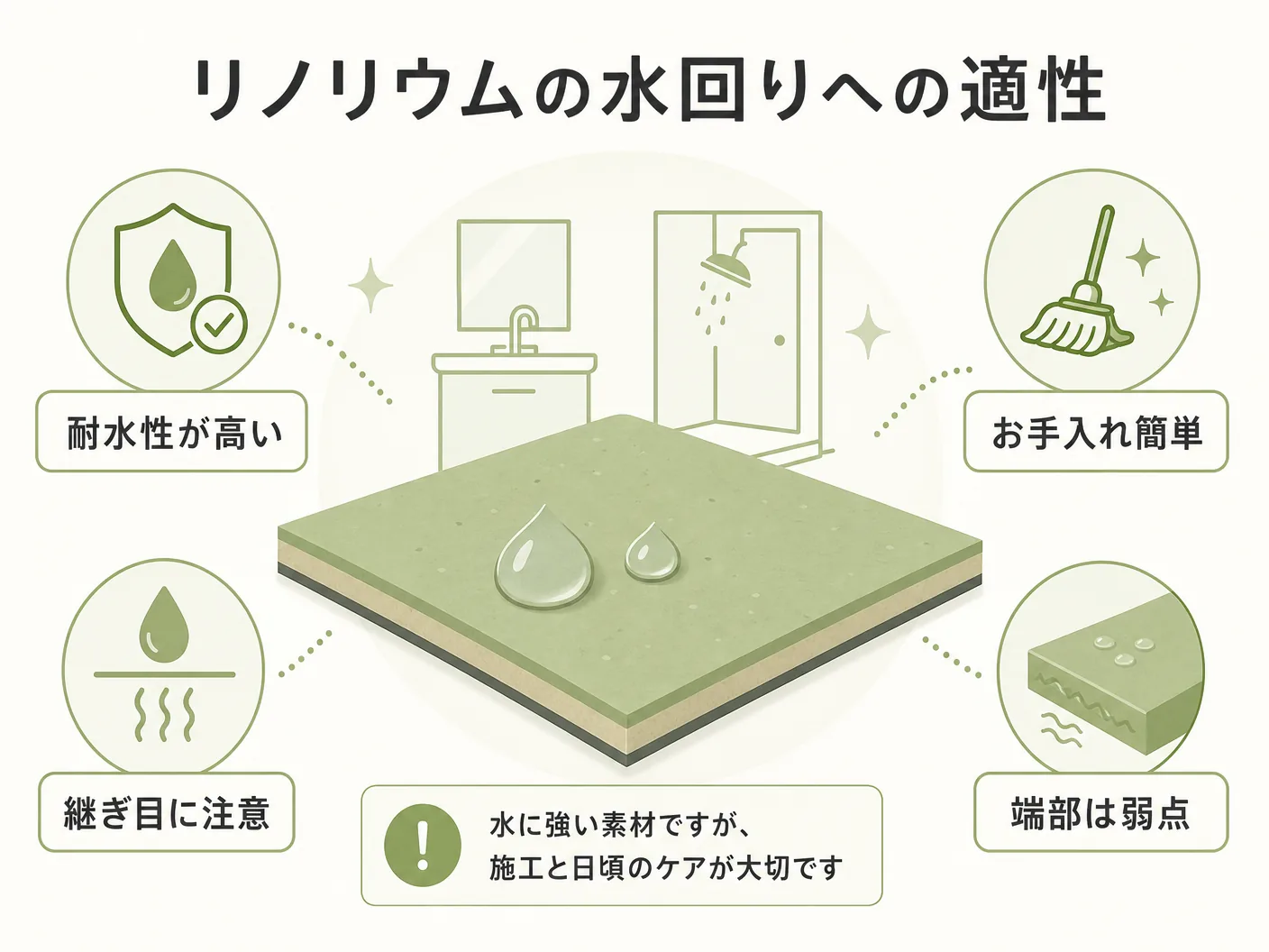 リノリウムの水回りへの適性：耐水性の程度と弱点を表す図解イラスト