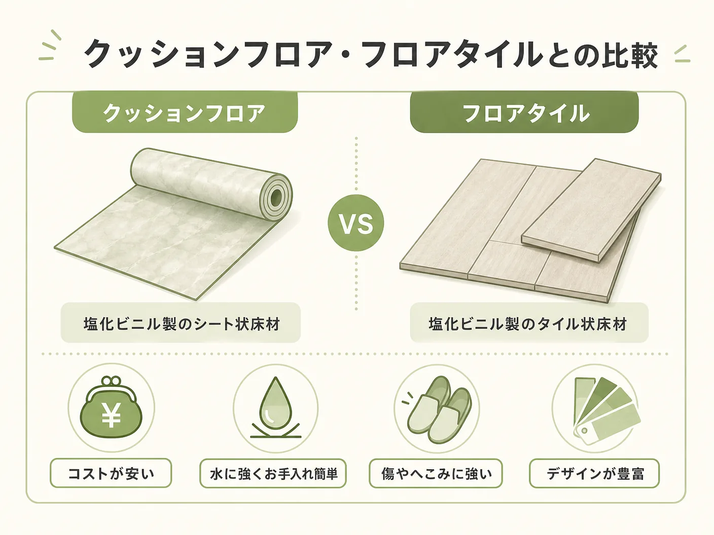 リノリウム 水回りのクッションフロア・フロアタイルとの比較を表す図解イラスト
