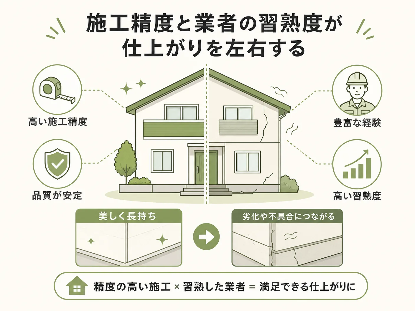 リノリウム 水回りの施工精度と業者の習熟度が仕上がりを左右するを表す図解イラスト