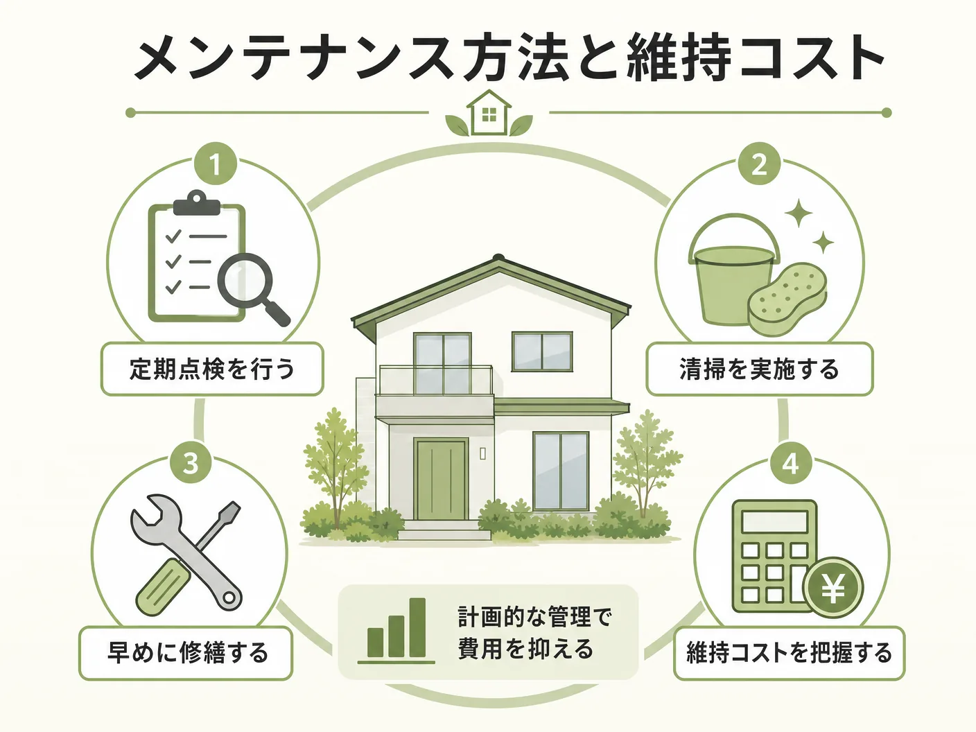 リノリウム 水回りのメンテナンス方法と維持コストを表す図解イラスト