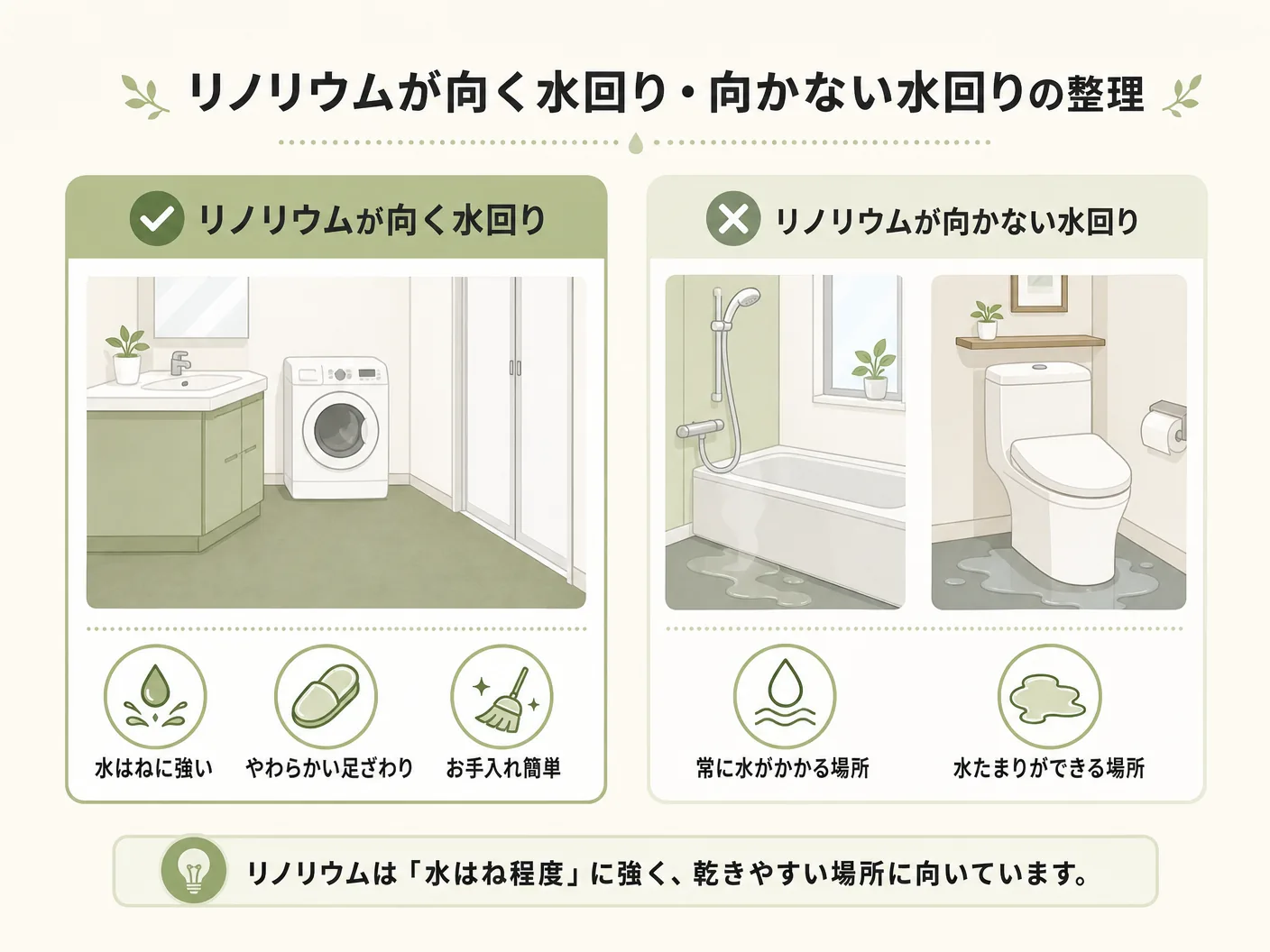 リノリウムが向く水回り・向かない水回りの整理を表す図解イラスト