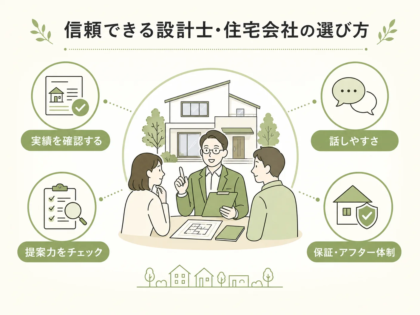 間取り 失敗 ポイントの信頼できる設計士・住宅会社の選び方を表す図解イラスト