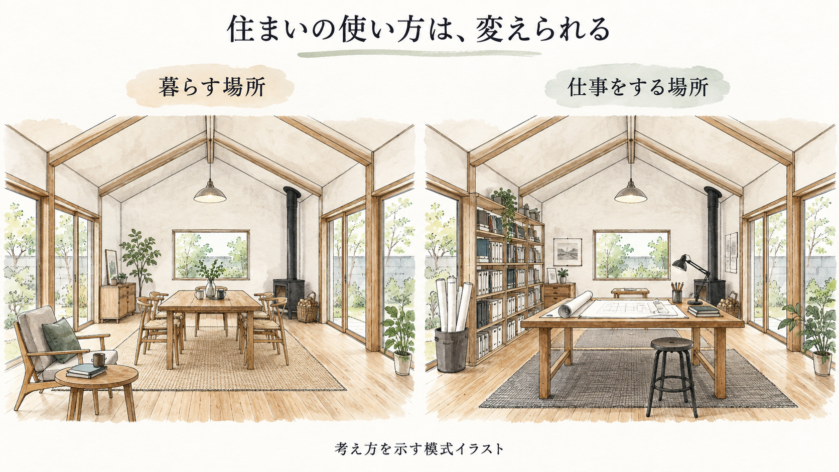 同じ部屋を生活と仕事に使い分ける例を示す模式図