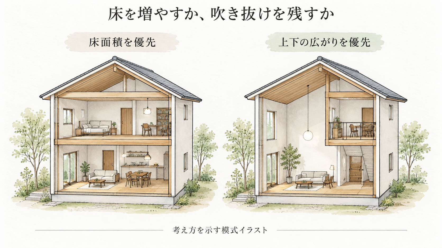 同じ大きさの建物で2階の床を増やす案と吹き抜けを残す案を比較する模式図