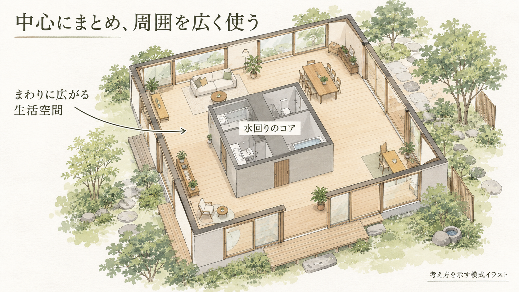 中心の水回りとその周囲に広がる生活空間を示す模式図