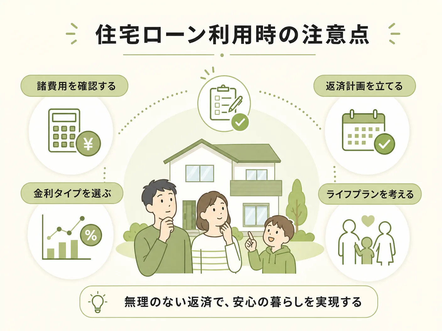 毎月返済額 3000万 5000万の住宅ローンを組む際の注意点（諸費用・ライフプランなど）を表す図解イラスト