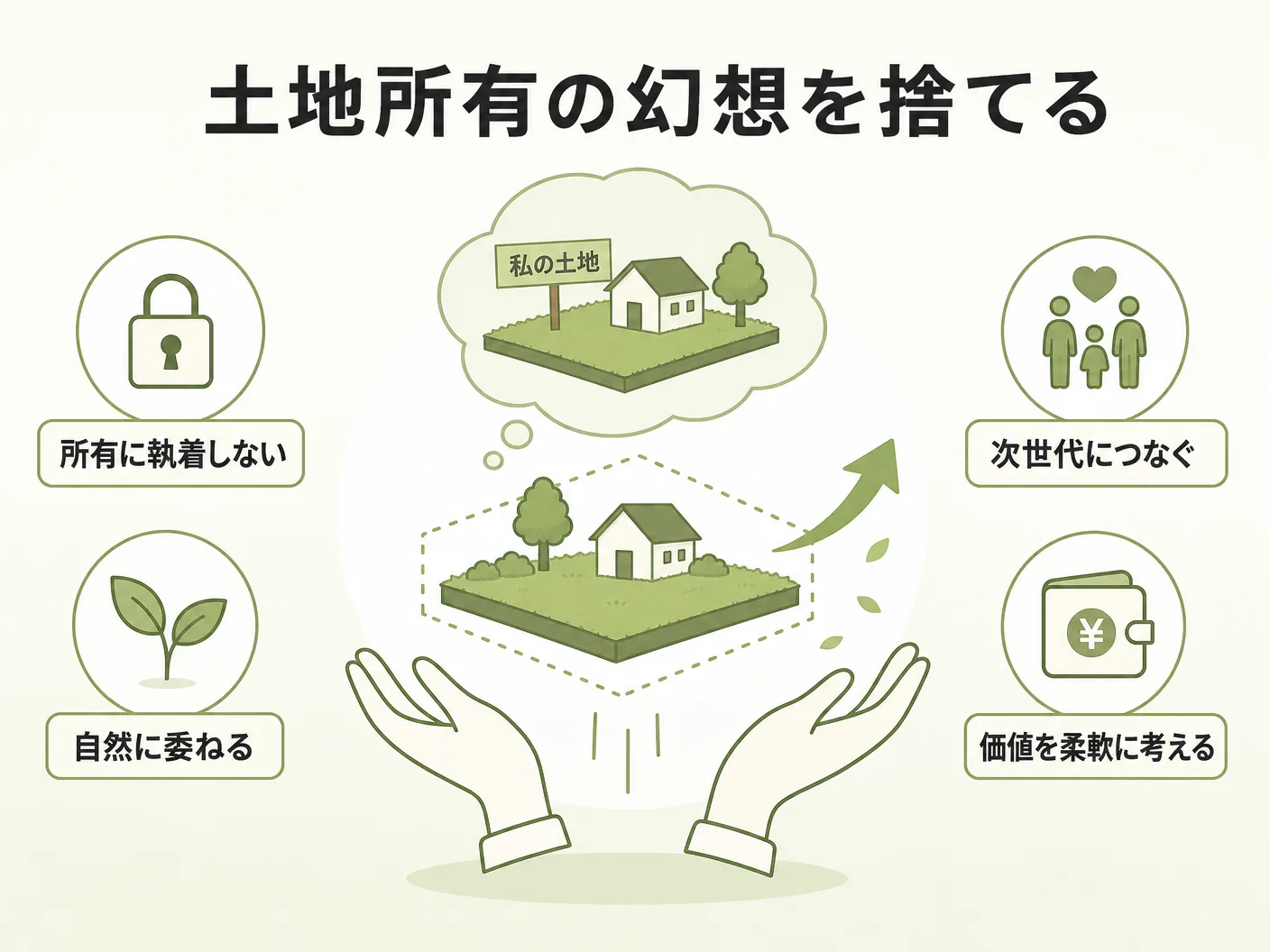 都市部 狭小 注文住宅 広さの土地に関する「幻想」を捨てることを表す図解イラスト