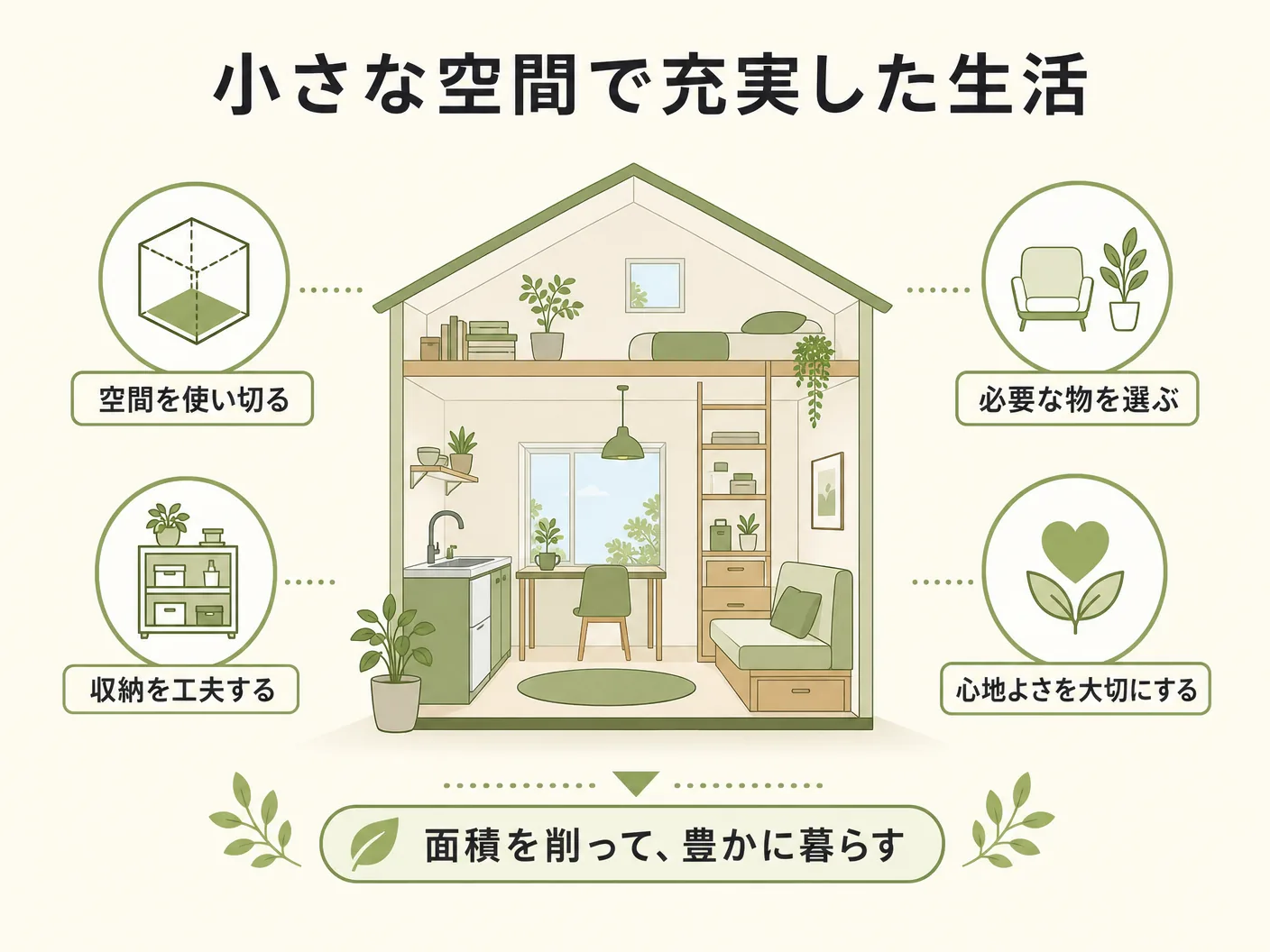 都市部 狭小 注文住宅 広さの面積を削っても豊かに暮らすための考え方を表す図解イラスト