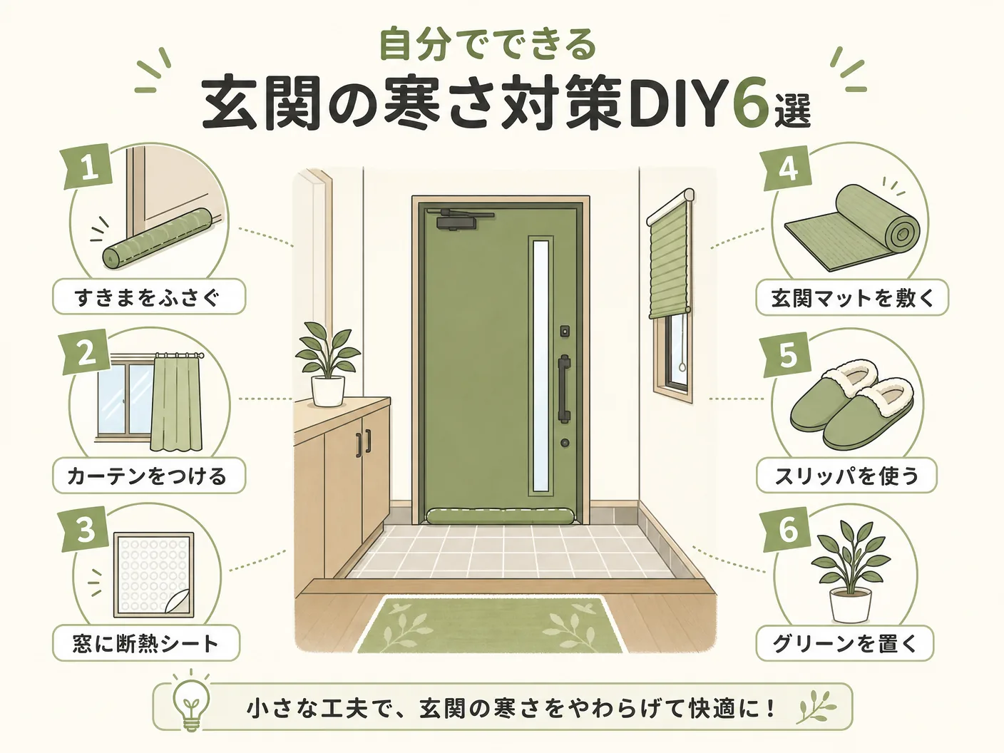 新築 寒いの自分でできる玄関の寒さ対策DIY6選を表す図解イラスト