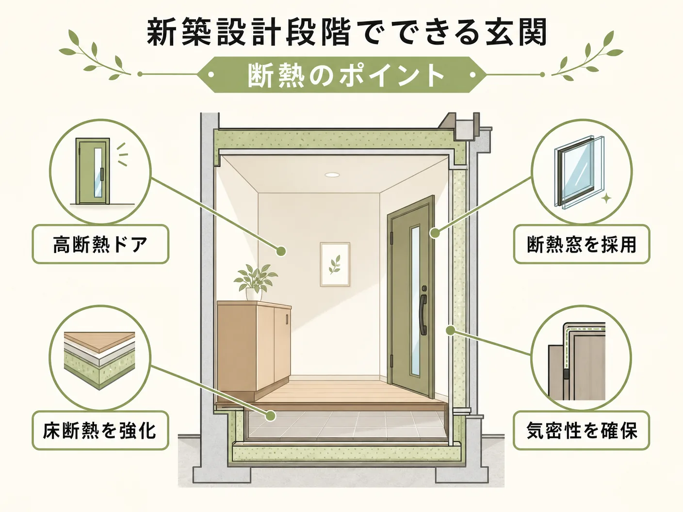 寒いの新築設計段階でできる玄関断熱のポイントを表す図解イラスト