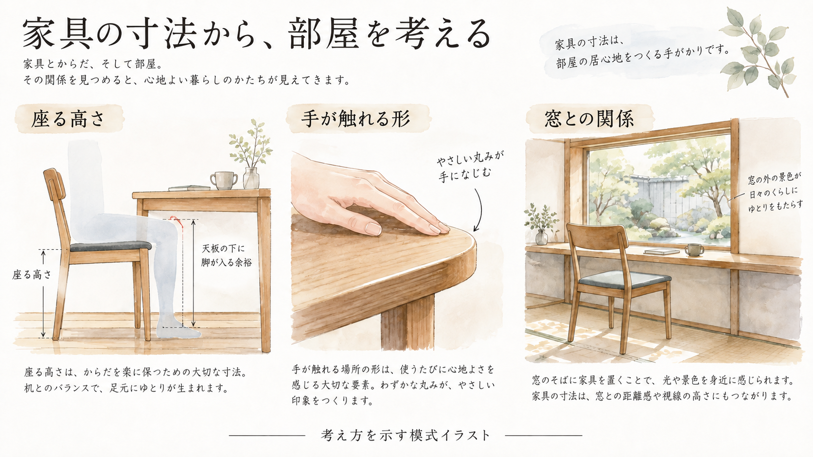 座る高さ、木の縁の形、窓と家具の関係を示す模式イラスト