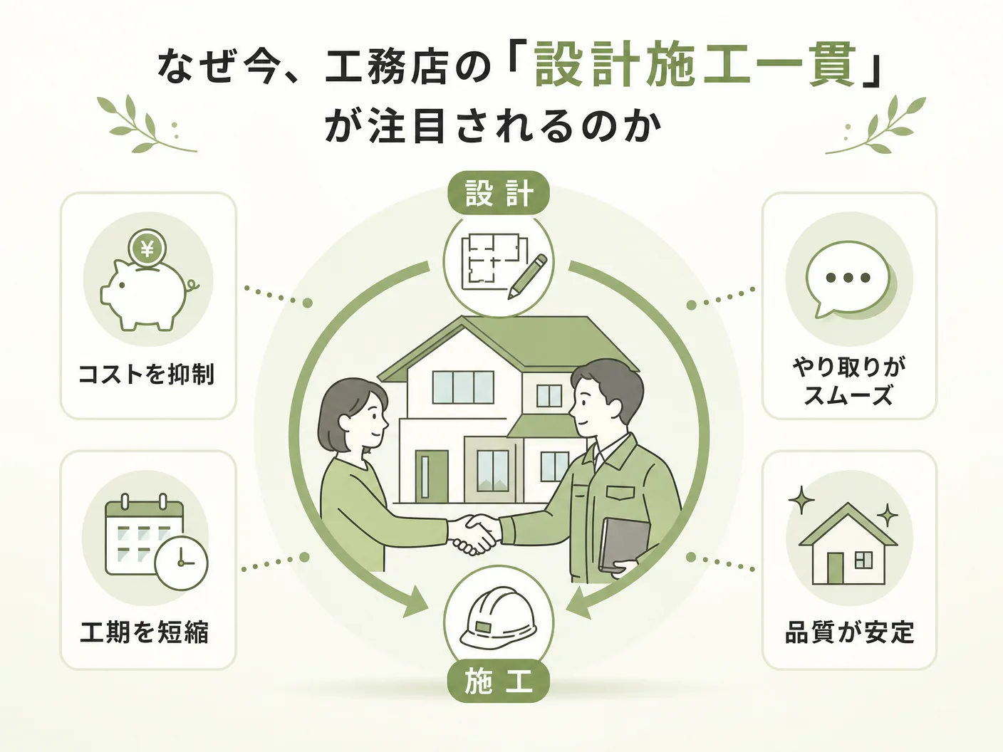 注文住宅 依頼先のなぜ今、工務店の「設計施工一貫」が注目されるのかを表す図解イラスト
