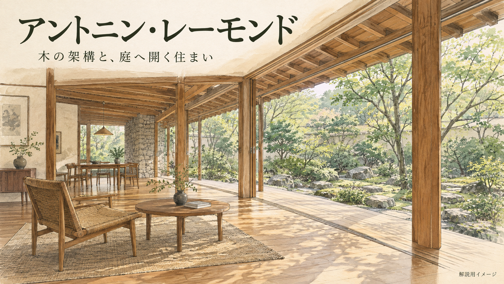 レーモンドの住宅を読むための、木の架構と庭への開口の解説イメージ