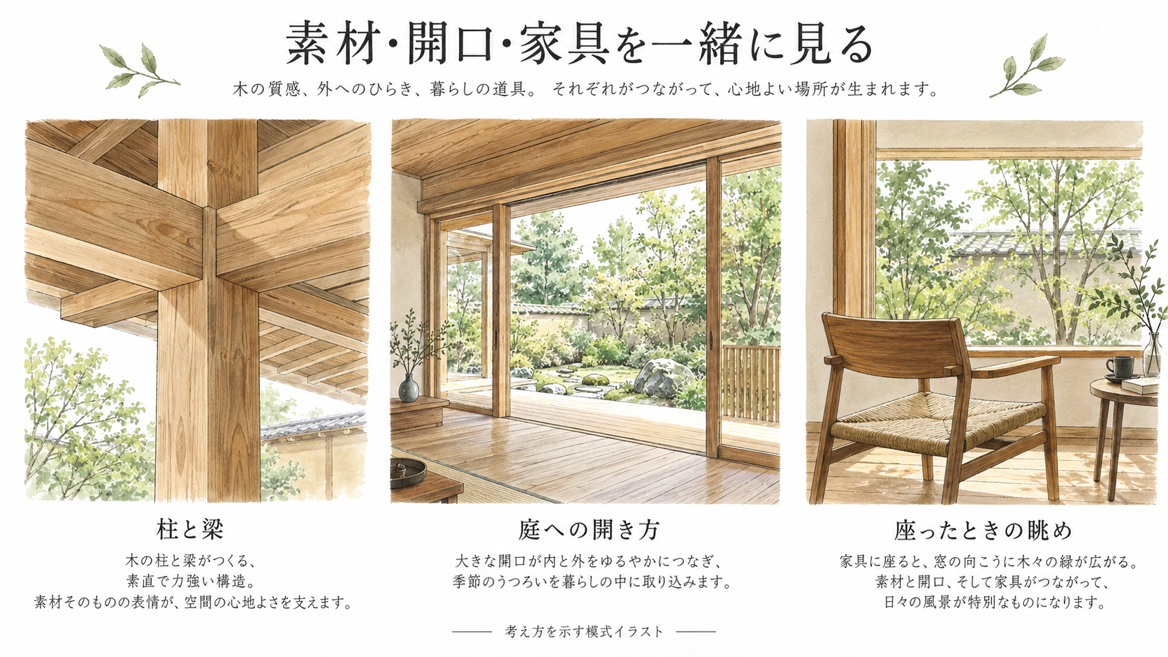 柱と梁、庭へ開く建具、椅子からの眺めを示す模式イラスト