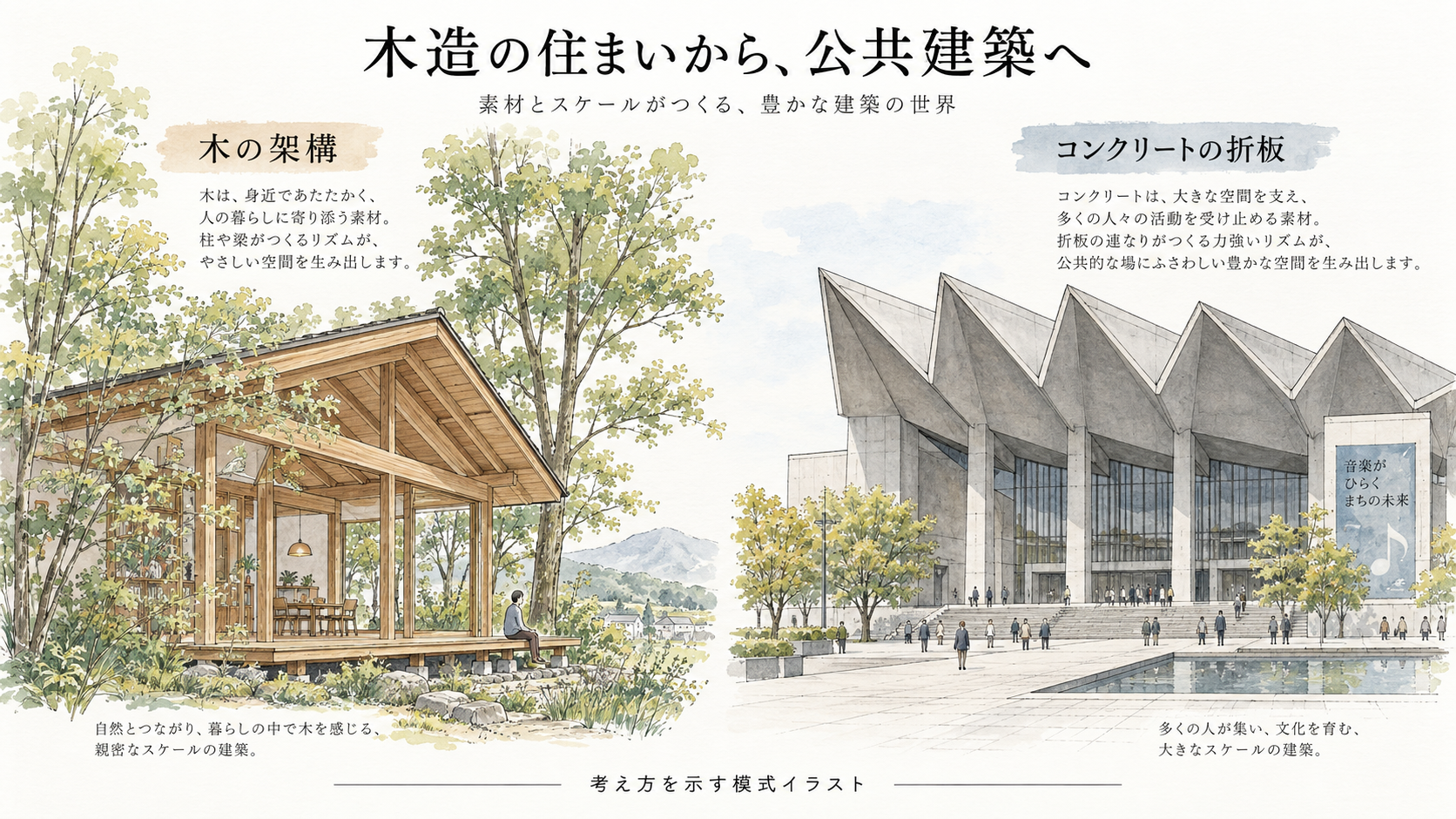 木造の住まいとコンクリートの折板を用いた公共建築を対比する模式図