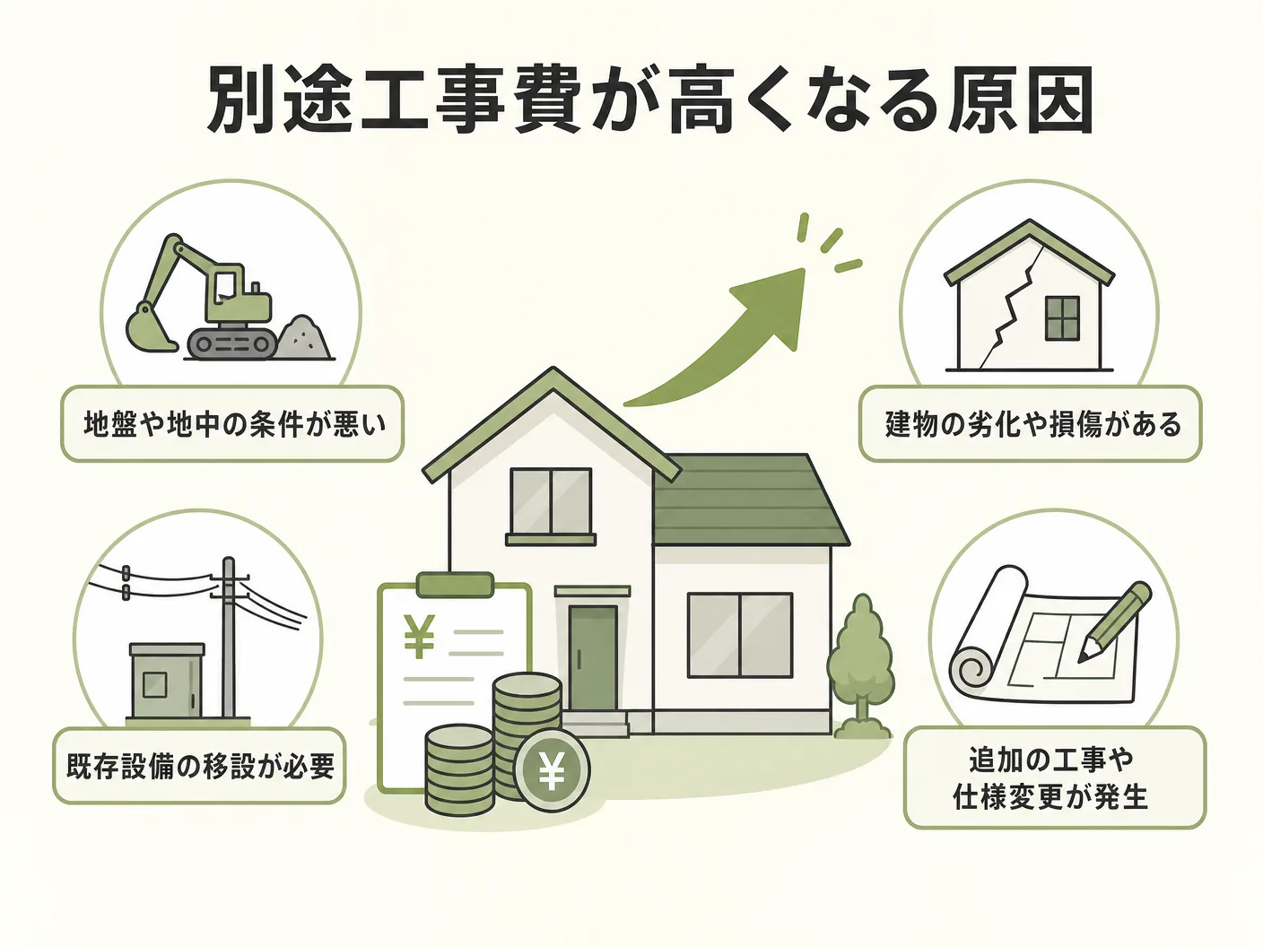 相場の別途工事費が高くなるケースと原因を表す図解イラスト