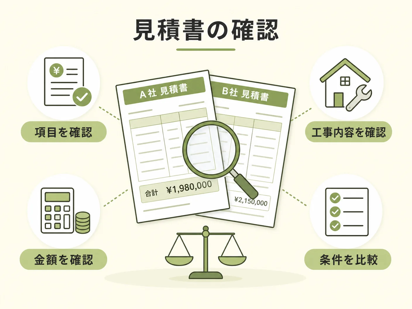 別途工事費 相場の見積書の確認・比較時に押さえるべきポイントを表す図解イラスト