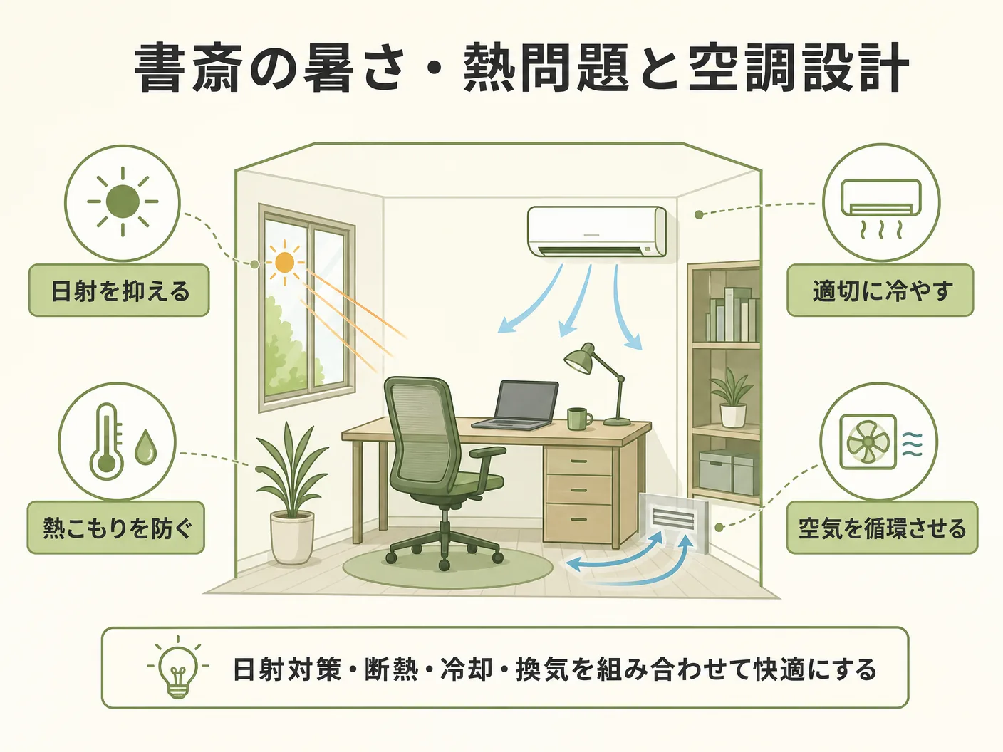 間取り 注意点の書斎の暑さ・熱問題と空調設計を表す図解イラスト