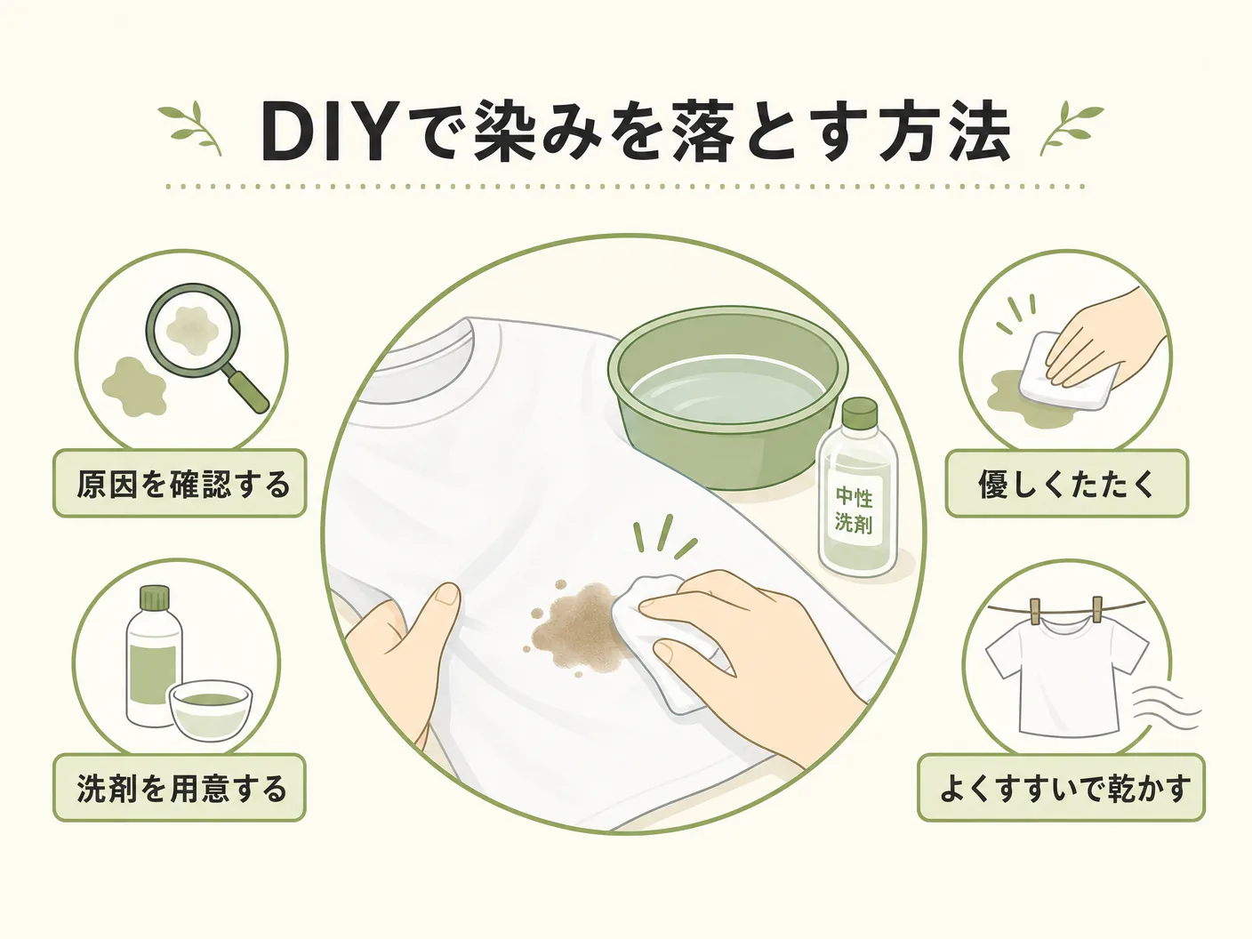 無垢フローリング 補修のDIYで染みを落とす実践テクニックを表す図解イラスト