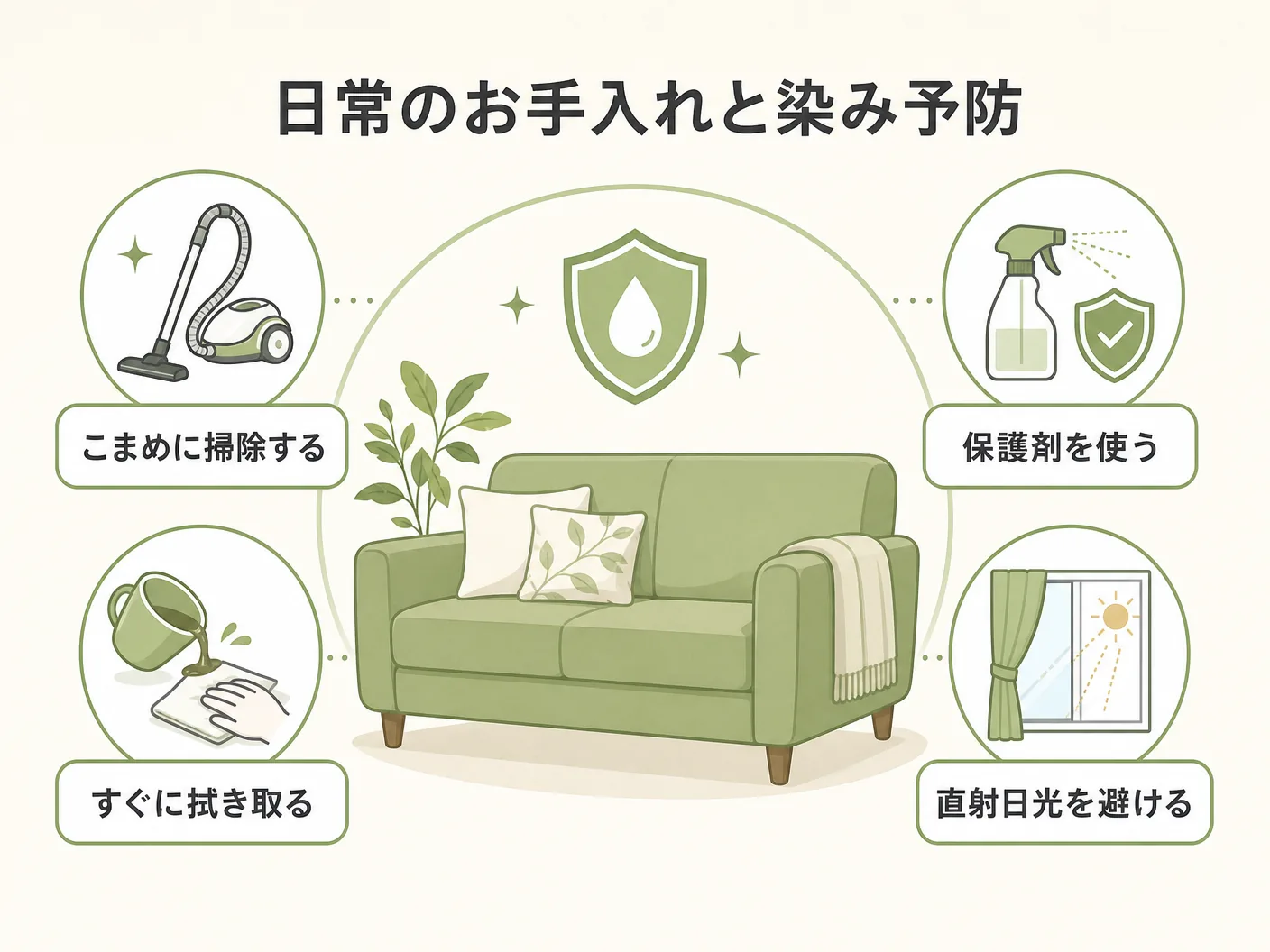 無垢フローリング 補修の染みを防ぐ日常のお手入れとメンテナンスを表す図解イラスト