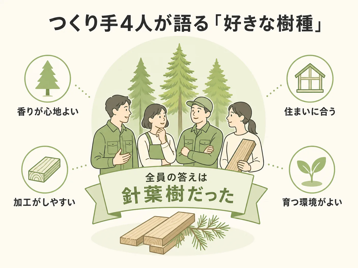 無垢床 選び方のつくり手4人が語る「好きな樹種」——全員の答えは針葉樹だったを表す図解イラスト