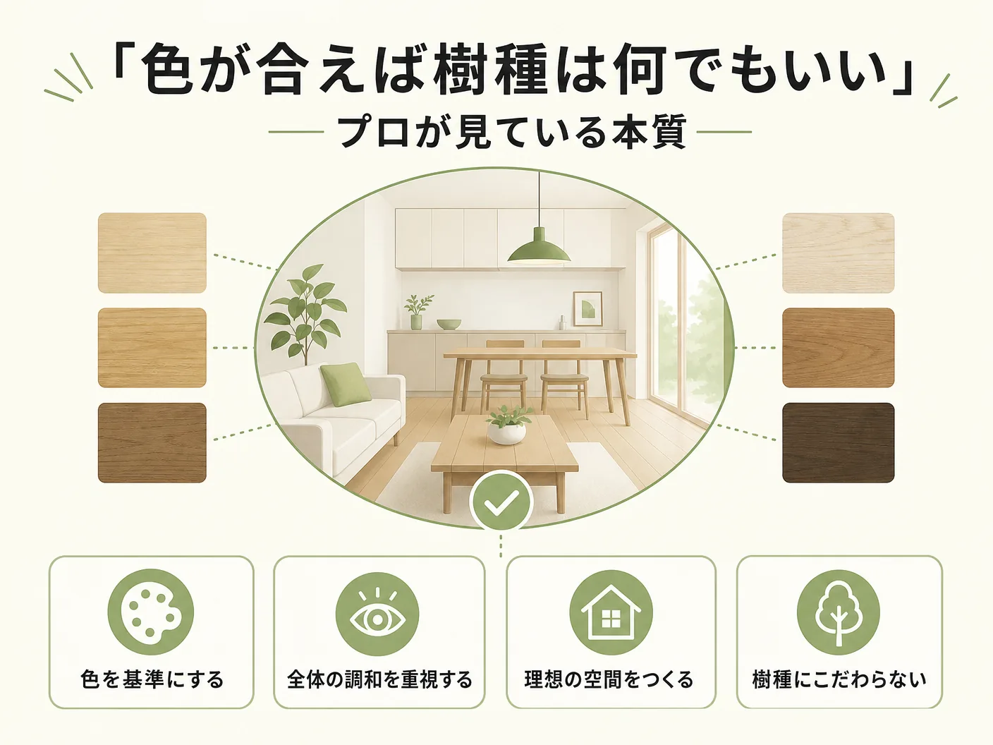 無垢床 選び方の「色が合えば樹種は何でもいい」——プロが見ている本質を表す図解イラスト