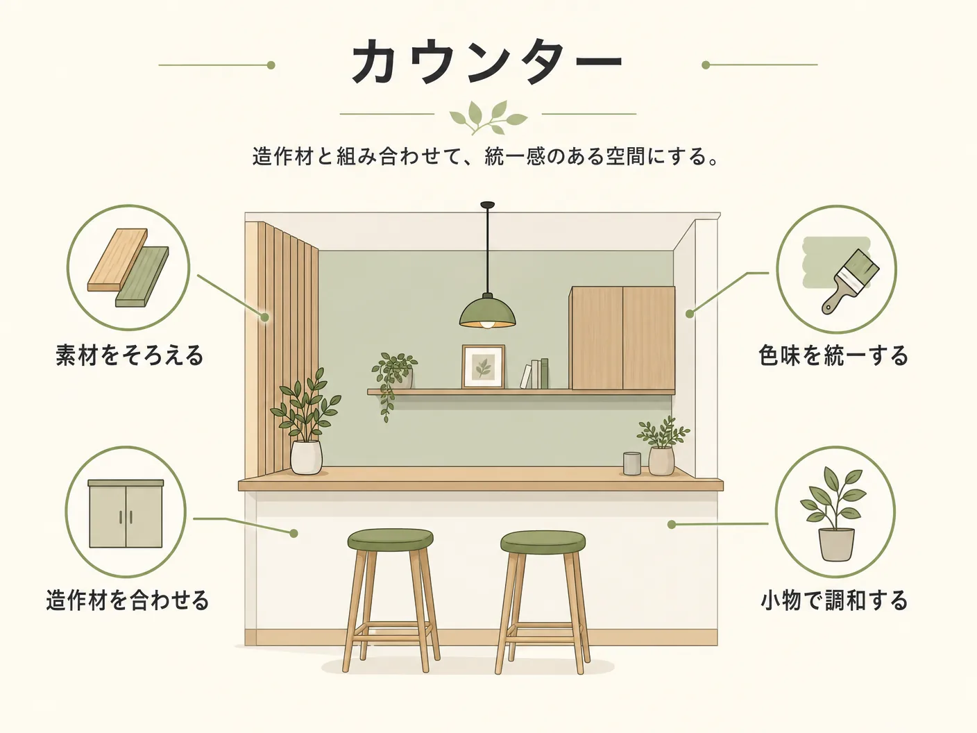 無垢床 樹種 選び方のカウンター・造作材との組み合わせ方を表す図解イラスト