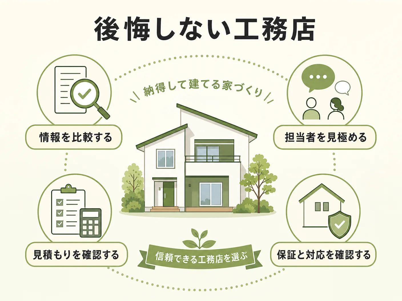 なぜ工務店は規格住宅に逃げるのか？の後悔しない工務店・住宅会社の選び方を表す図解イラスト