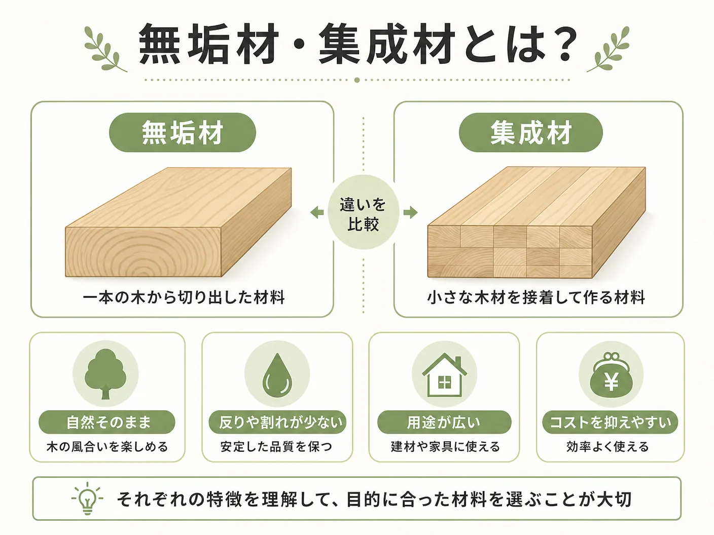 構造材 どっちの無垢材・集成材とは？基本の違いをわかりやすく解説を表す図解イラスト