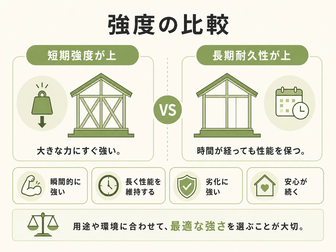 構造材 無垢 集成材 どっちの強度の比較：短期強度と長期耐久性はどちらが上かを表す図解イラスト