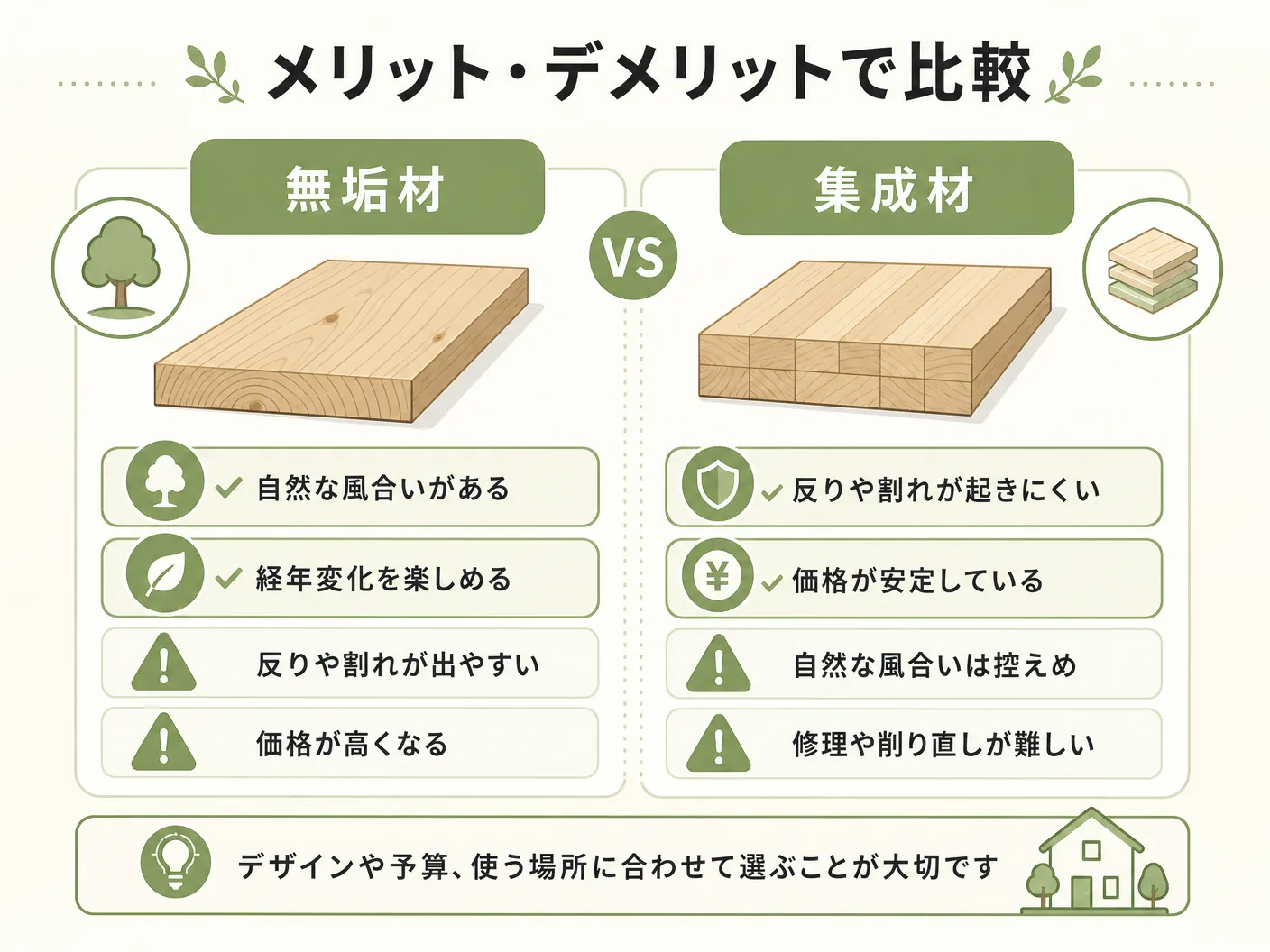 構造材 どっちのメリット・デメリットで比較：無垢材vs集成材を表す図解イラスト