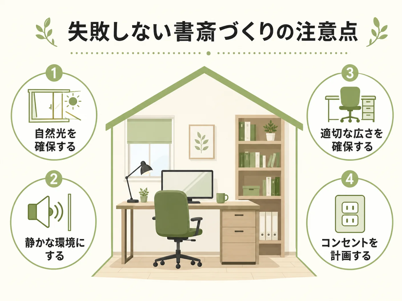 間取りの失敗しない書斎づくりの注意点を表す図解イラスト
