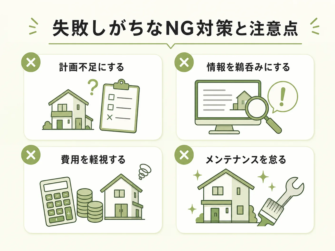 雑草の失敗しがちなNG対策と注意点を表す図解イラスト