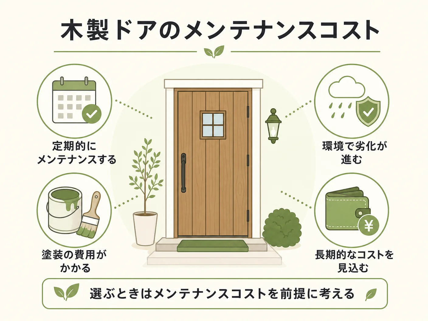 おすすめ 選び方の木製玄関ドアはメンテナンスコストを前提に選ぶを表す図解イラスト