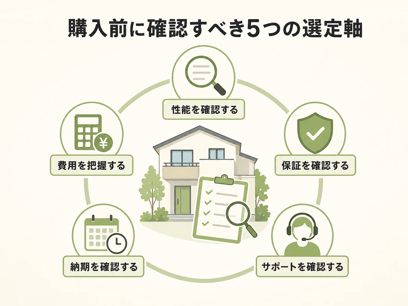 木製玄関ドア おすすめ 選び方のメーカーより先に確認すべき5つの選定軸を表す図解イラスト