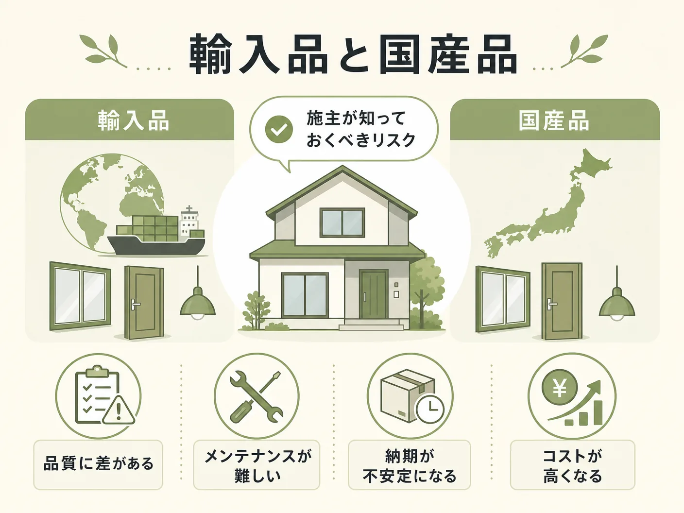 木製玄関ドア おすすめ 選び方の輸入品と国産品、施主が知っておくべきリスクを表す図解イラスト