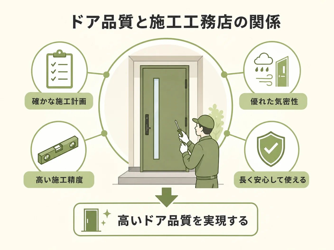 木製玄関ドア おすすめ 選び方の施工工務店の実績がドア品質を決める理由を表す図解イラスト